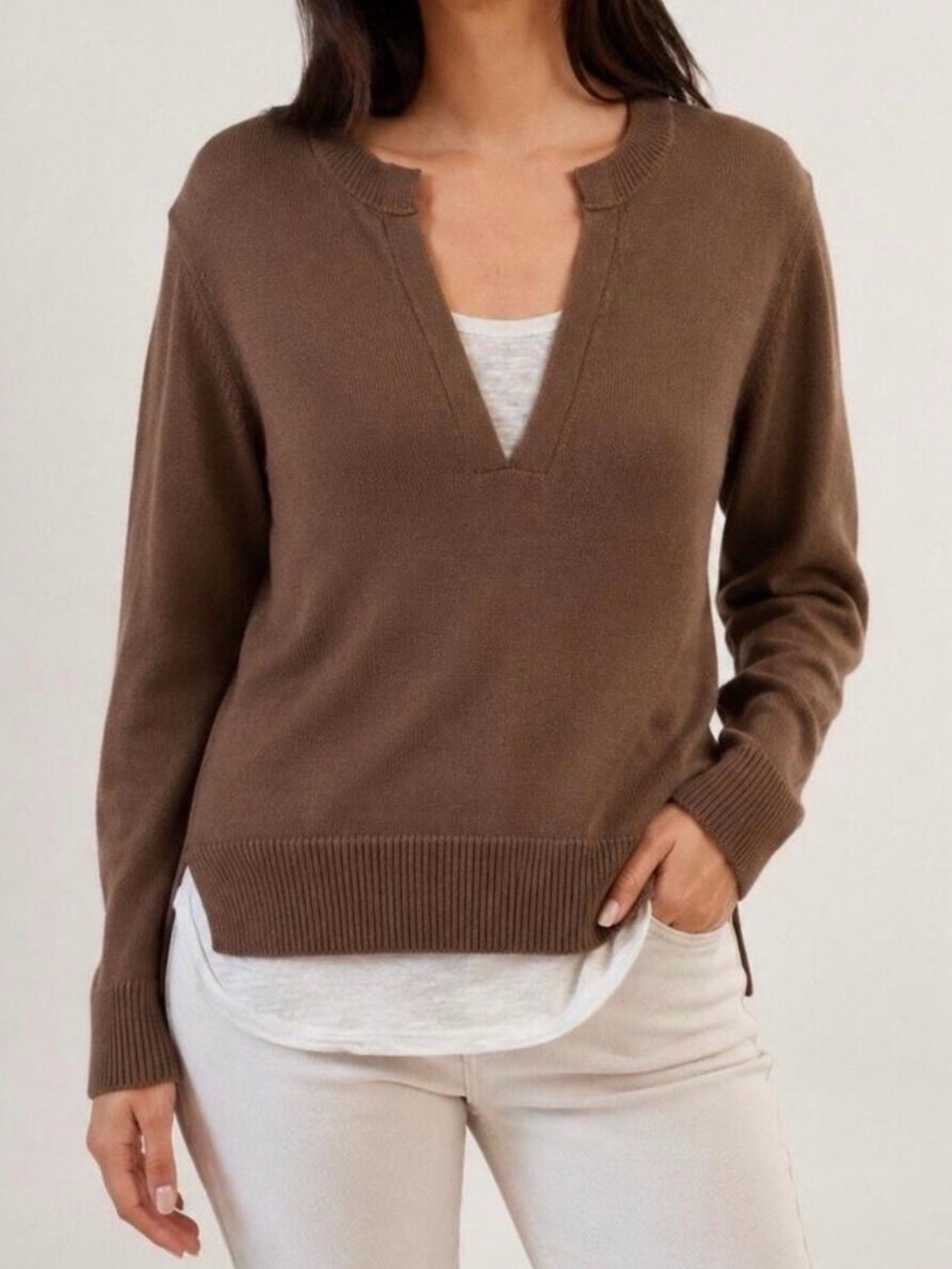 Brochu Walker Sweater Brown Layered Henley Linen Cotton Office Casual